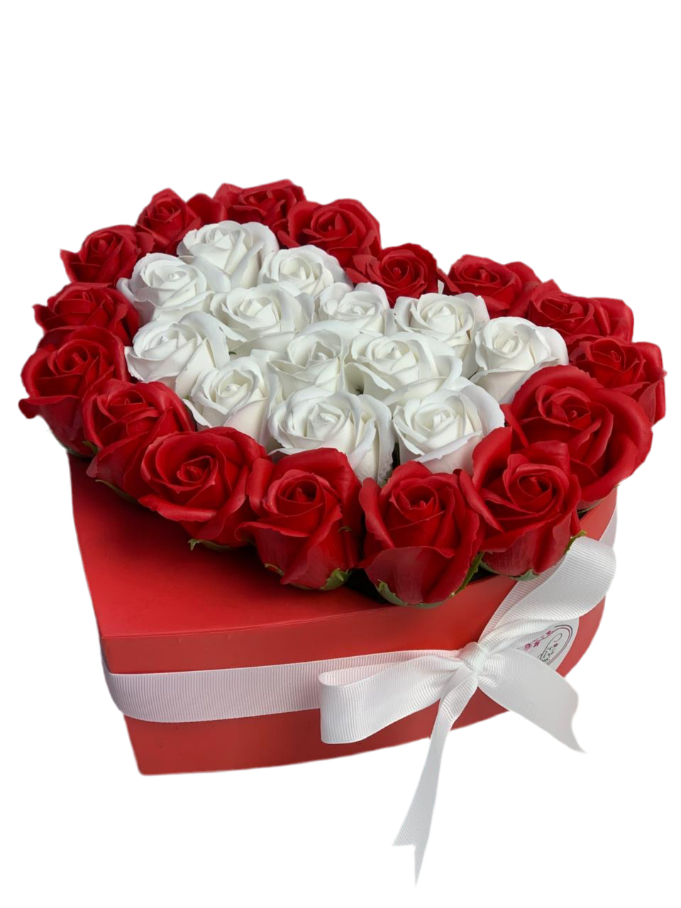 Red And White Roses In a Red Heart Box