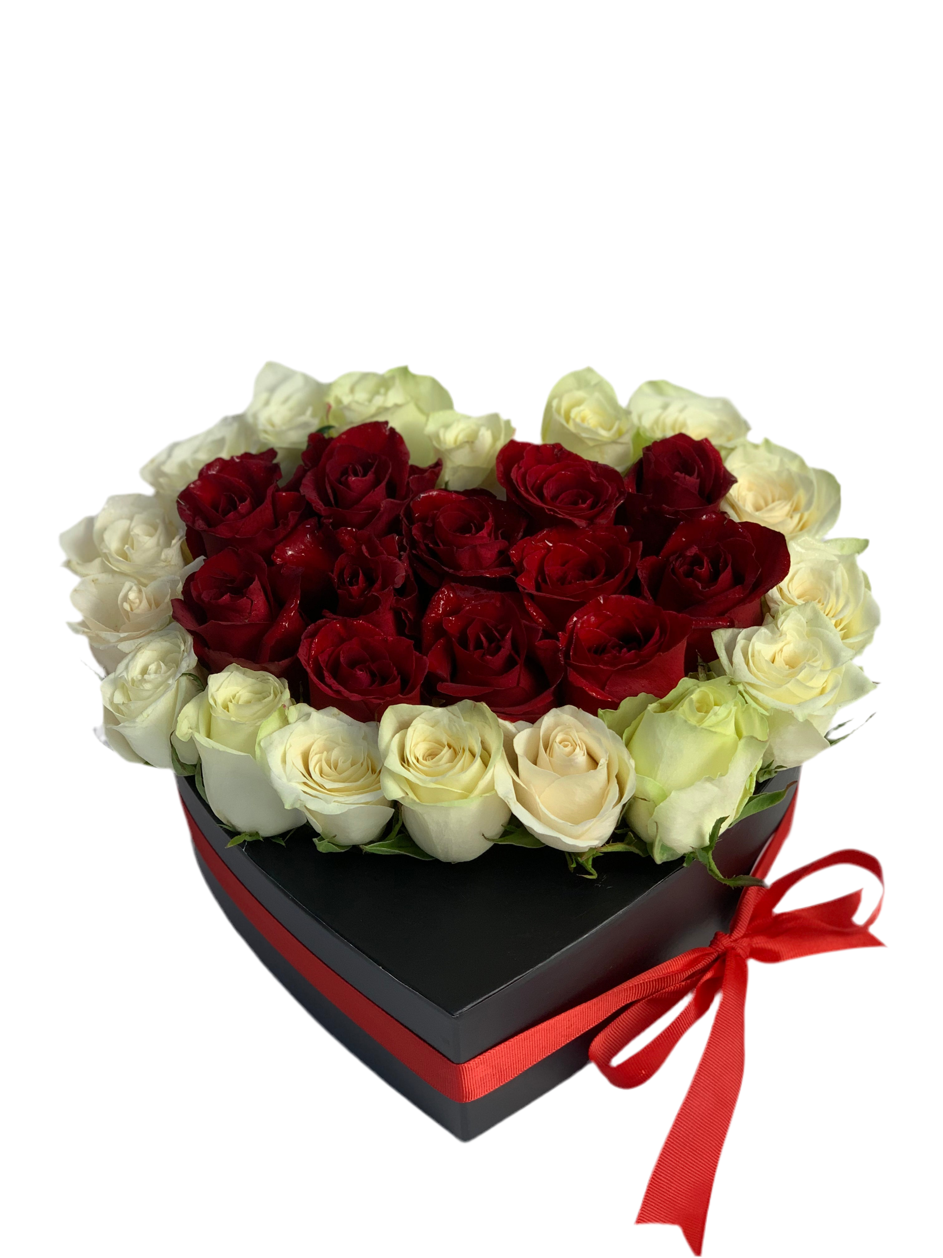 Red And White Roses in a Black Heart Box